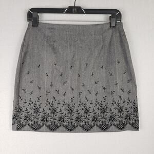 Y2K Express Size 5/6 Stretch Mini Skirt Gray‎ Black Fleur De Lis Office Siren
